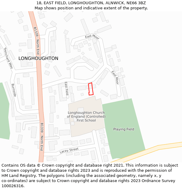 18, EAST FIELD, LONGHOUGHTON, ALNWICK, NE66 3BZ: Location map and indicative extent of plot