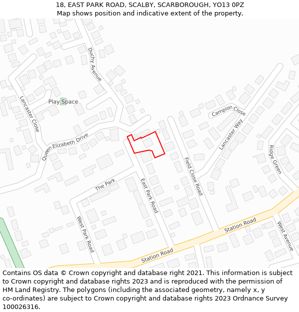 18, EAST PARK ROAD, SCALBY, SCARBOROUGH, YO13 0PZ: Location map and indicative extent of plot