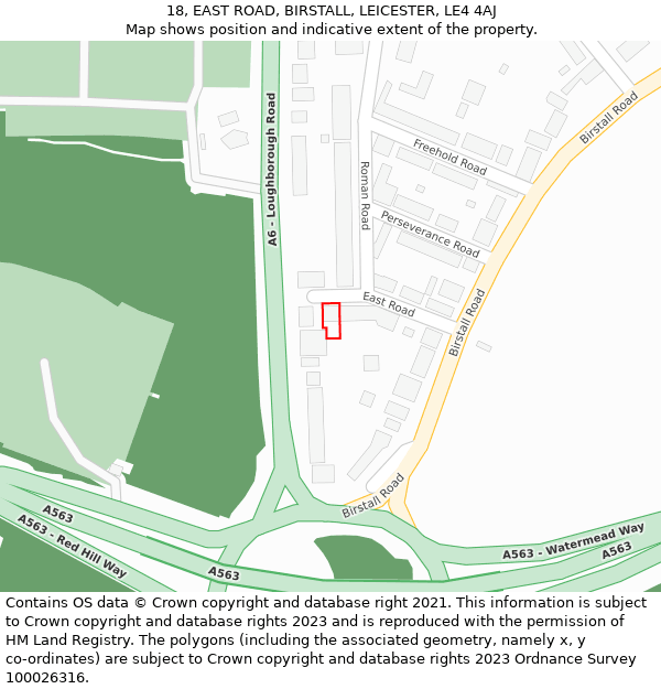 18, EAST ROAD, BIRSTALL, LEICESTER, LE4 4AJ: Location map and indicative extent of plot