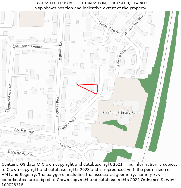18, EASTFIELD ROAD, THURMASTON, LEICESTER, LE4 8FP: Location map and indicative extent of plot
