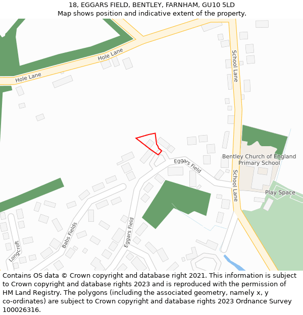 18, EGGARS FIELD, BENTLEY, FARNHAM, GU10 5LD: Location map and indicative extent of plot