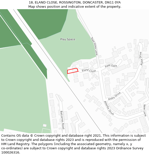 18, ELAND CLOSE, ROSSINGTON, DONCASTER, DN11 0YA: Location map and indicative extent of plot