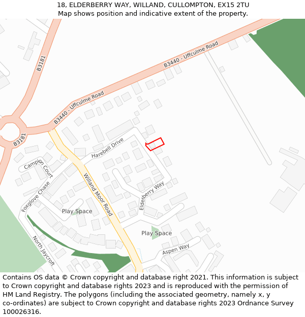 18, ELDERBERRY WAY, WILLAND, CULLOMPTON, EX15 2TU: Location map and indicative extent of plot