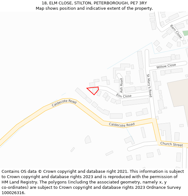 18, ELM CLOSE, STILTON, PETERBOROUGH, PE7 3RY: Location map and indicative extent of plot