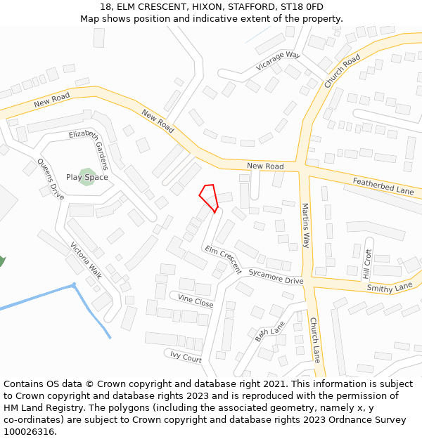 18, ELM CRESCENT, HIXON, STAFFORD, ST18 0FD: Location map and indicative extent of plot