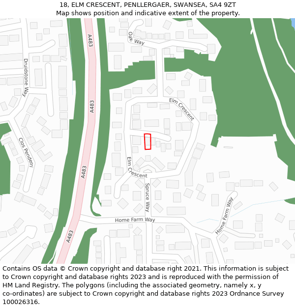 18, ELM CRESCENT, PENLLERGAER, SWANSEA, SA4 9ZT: Location map and indicative extent of plot