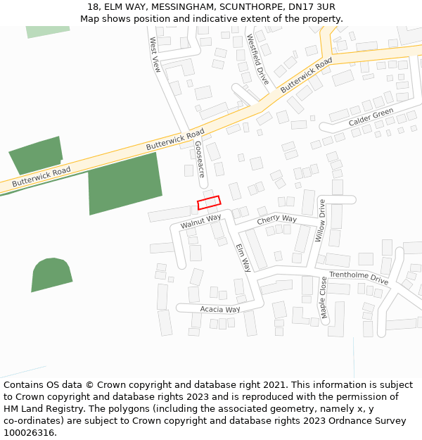 18, ELM WAY, MESSINGHAM, SCUNTHORPE, DN17 3UR: Location map and indicative extent of plot