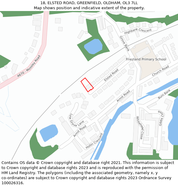 18, ELSTED ROAD, GREENFIELD, OLDHAM, OL3 7LL: Location map and indicative extent of plot