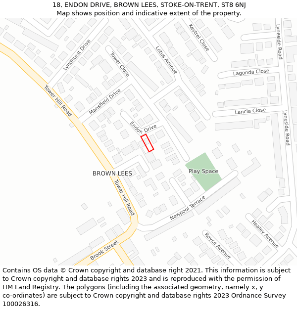 18, ENDON DRIVE, BROWN LEES, STOKE-ON-TRENT, ST8 6NJ: Location map and indicative extent of plot