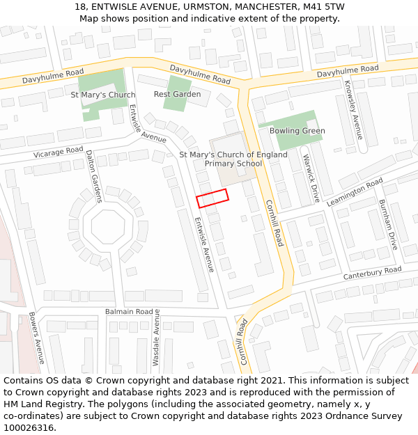 18, ENTWISLE AVENUE, URMSTON, MANCHESTER, M41 5TW: Location map and indicative extent of plot