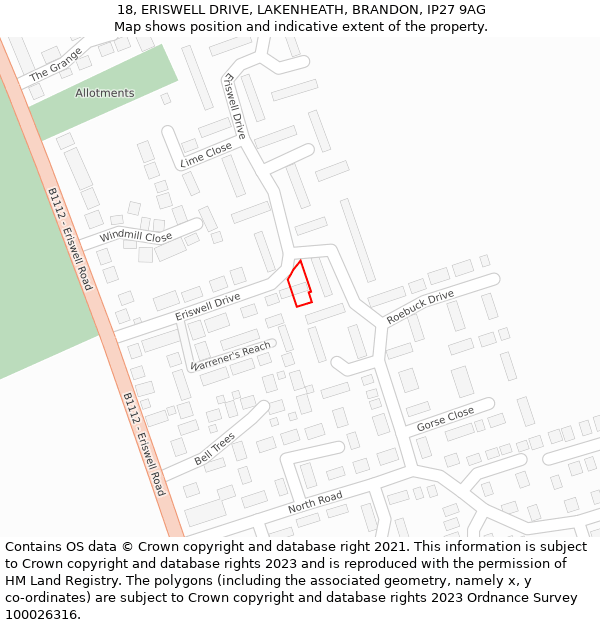 18, ERISWELL DRIVE, LAKENHEATH, BRANDON, IP27 9AG: Location map and indicative extent of plot