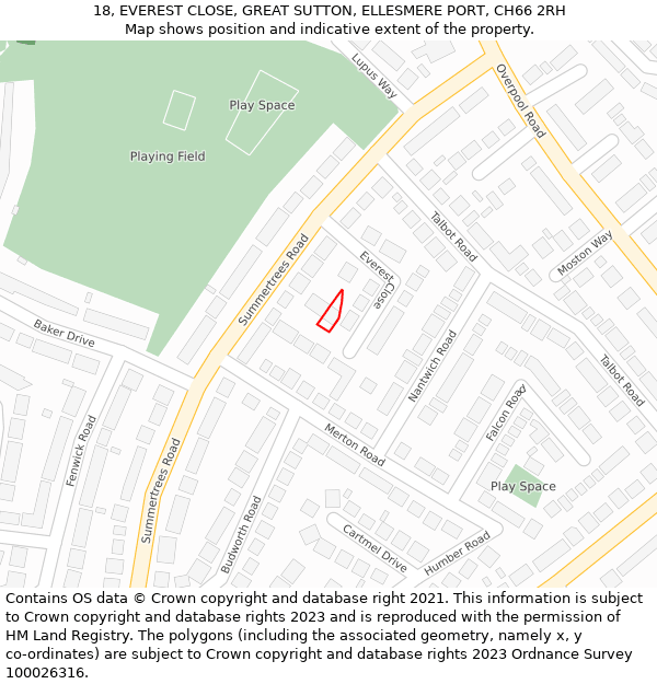 18, EVEREST CLOSE, GREAT SUTTON, ELLESMERE PORT, CH66 2RH: Location map and indicative extent of plot