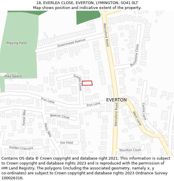 18, EVERLEA CLOSE, EVERTON, LYMINGTON, SO41 0LT: Location map and indicative extent of plot