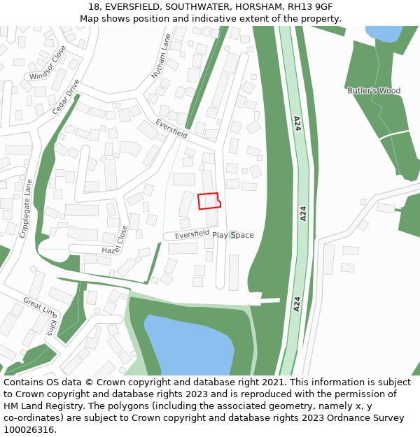 18, EVERSFIELD, SOUTHWATER, HORSHAM, RH13 9GF: Location map and indicative extent of plot