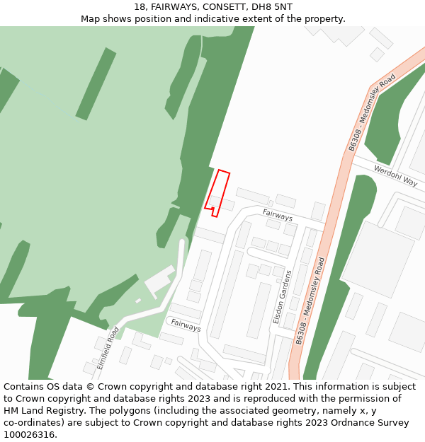 18, FAIRWAYS, CONSETT, DH8 5NT: Location map and indicative extent of plot