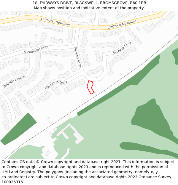 18, FAIRWAYS DRIVE, BLACKWELL, BROMSGROVE, B60 1BB: Location map and indicative extent of plot