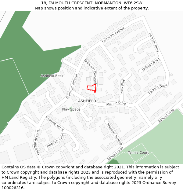 18, FALMOUTH CRESCENT, NORMANTON, WF6 2SW: Location map and indicative extent of plot