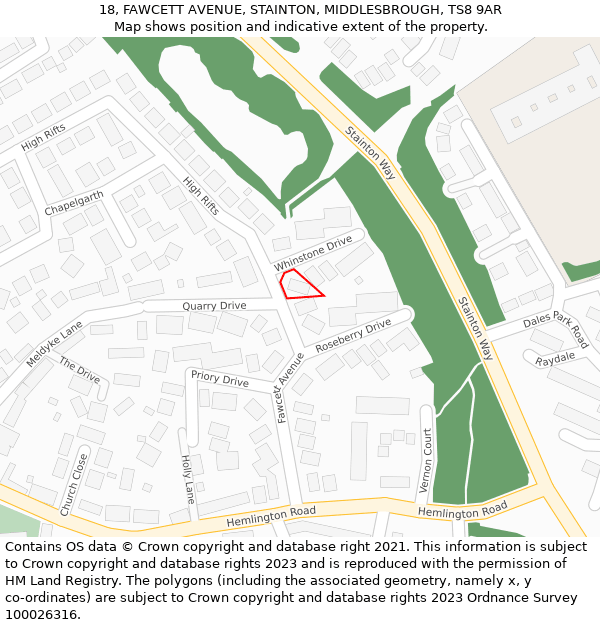 18, FAWCETT AVENUE, STAINTON, MIDDLESBROUGH, TS8 9AR: Location map and indicative extent of plot