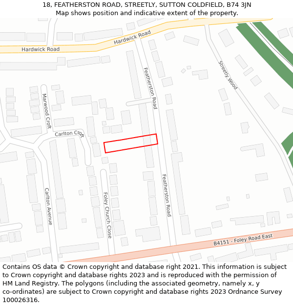 18, FEATHERSTON ROAD, STREETLY, SUTTON COLDFIELD, B74 3JN: Location map and indicative extent of plot