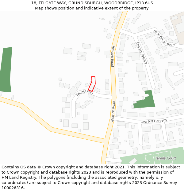 18, FELGATE WAY, GRUNDISBURGH, WOODBRIDGE, IP13 6US: Location map and indicative extent of plot