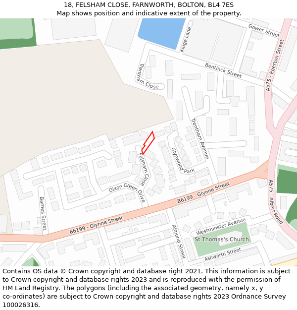 18, FELSHAM CLOSE, FARNWORTH, BOLTON, BL4 7ES: Location map and indicative extent of plot