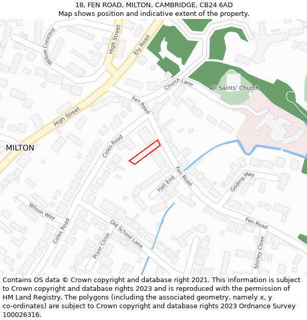 18, FEN ROAD, MILTON, CAMBRIDGE, CB24 6AD: Location map and indicative extent of plot