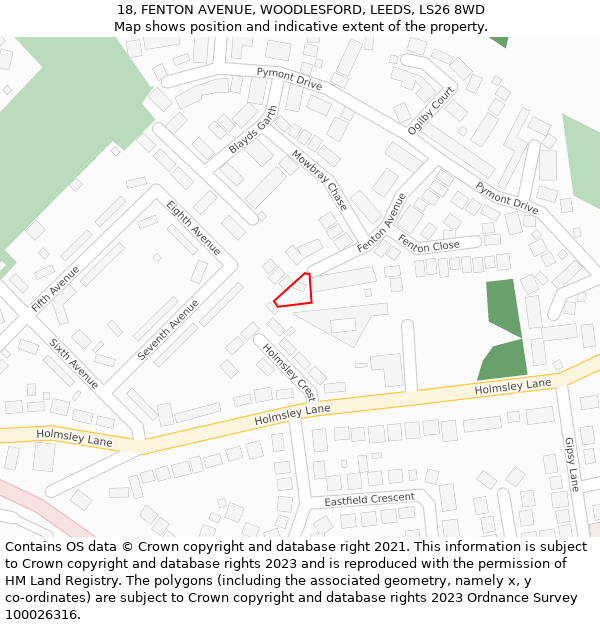 18, FENTON AVENUE, WOODLESFORD, LEEDS, LS26 8WD: Location map and indicative extent of plot