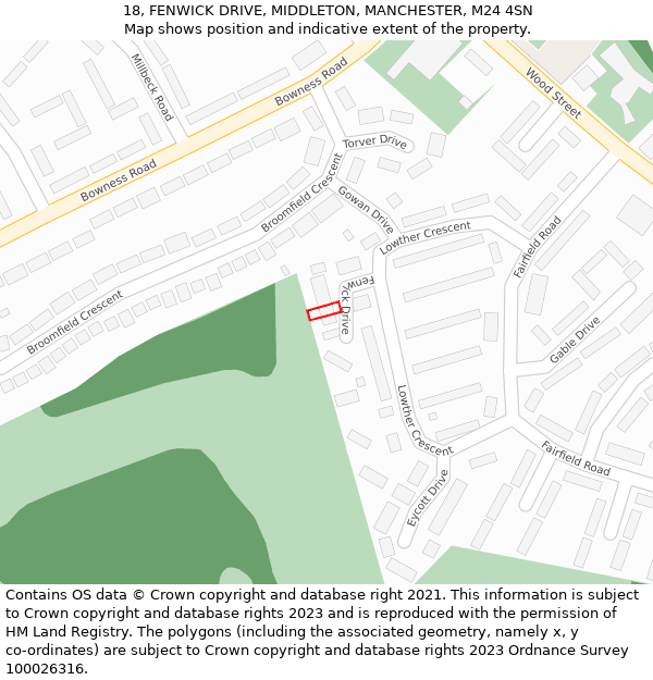 18, FENWICK DRIVE, MIDDLETON, MANCHESTER, M24 4SN: Location map and indicative extent of plot