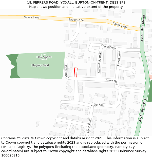 18, FERRERS ROAD, YOXALL, BURTON-ON-TRENT, DE13 8PS: Location map and indicative extent of plot