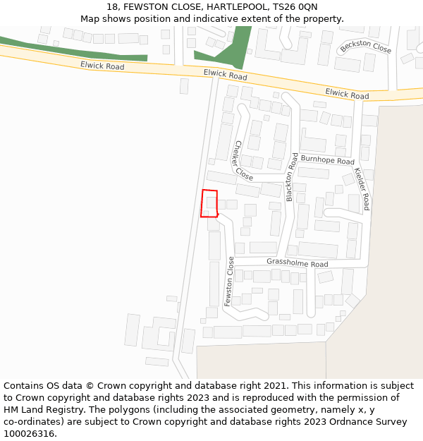 18, FEWSTON CLOSE, HARTLEPOOL, TS26 0QN: Location map and indicative extent of plot