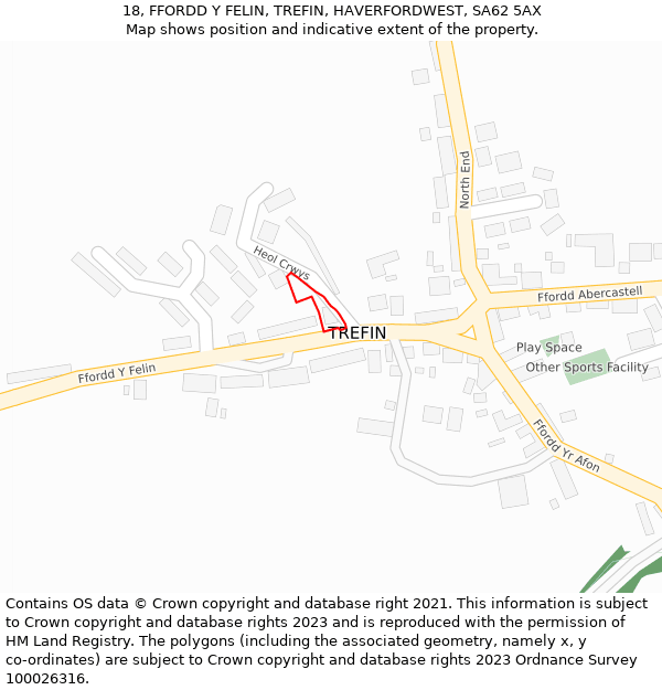 18, FFORDD Y FELIN, TREFIN, HAVERFORDWEST, SA62 5AX: Location map and indicative extent of plot