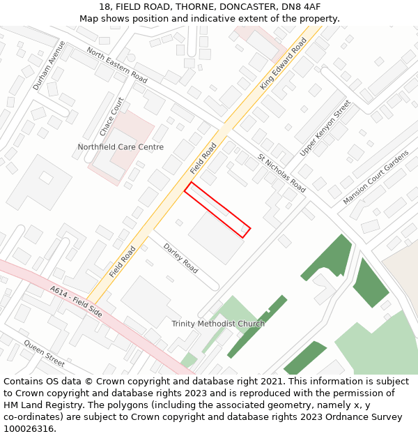 18, FIELD ROAD, THORNE, DONCASTER, DN8 4AF: Location map and indicative extent of plot