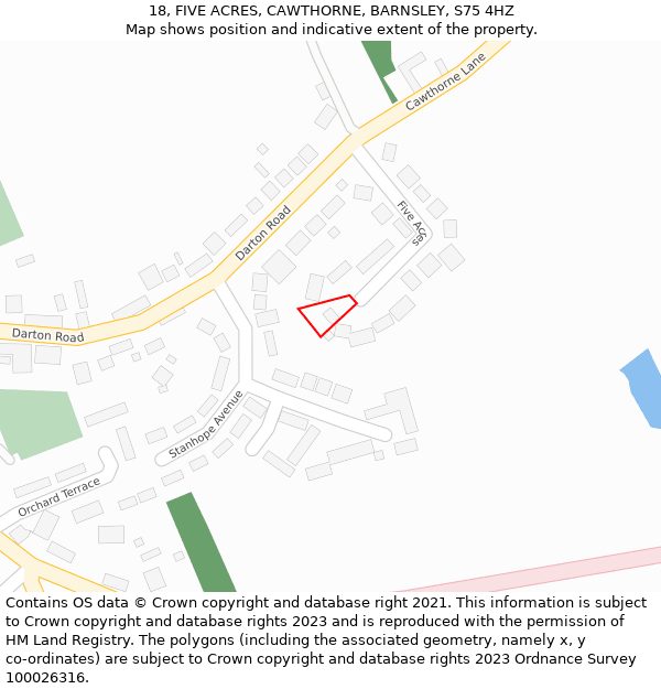 18, FIVE ACRES, CAWTHORNE, BARNSLEY, S75 4HZ: Location map and indicative extent of plot