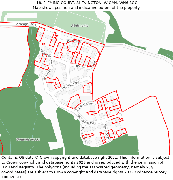 18, FLEMING COURT, SHEVINGTON, WIGAN, WN6 8GG: Location map and indicative extent of plot