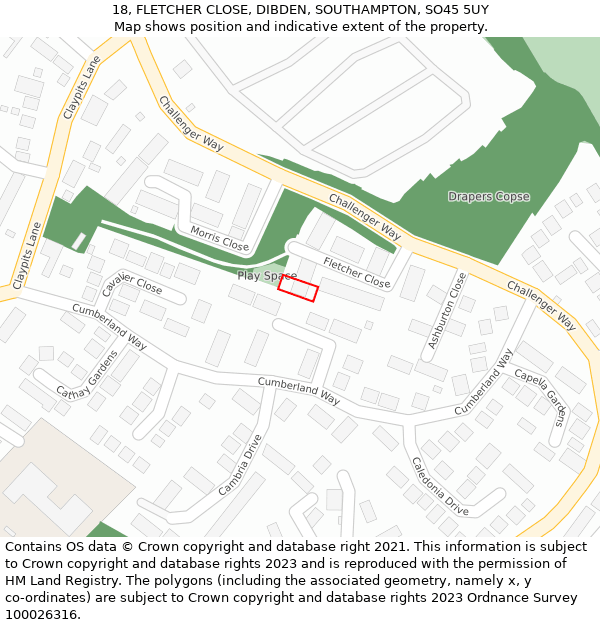 18, FLETCHER CLOSE, DIBDEN, SOUTHAMPTON, SO45 5UY: Location map and indicative extent of plot