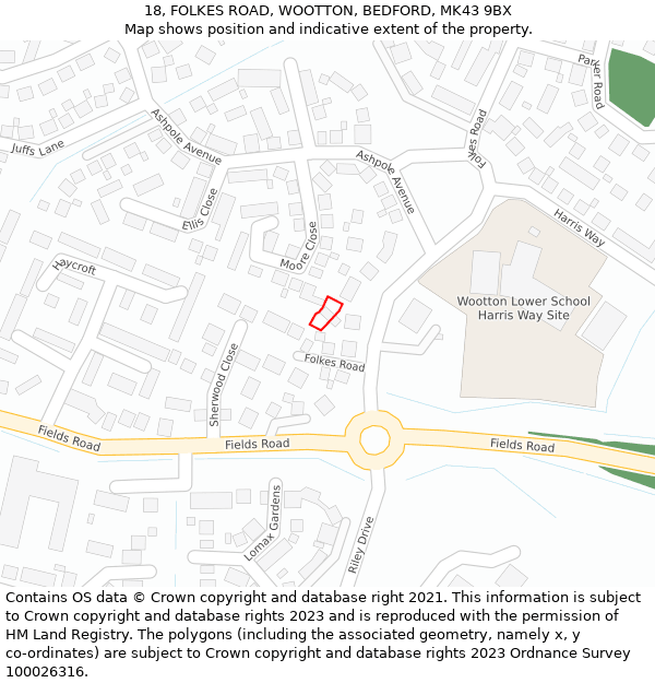 18, FOLKES ROAD, WOOTTON, BEDFORD, MK43 9BX: Location map and indicative extent of plot