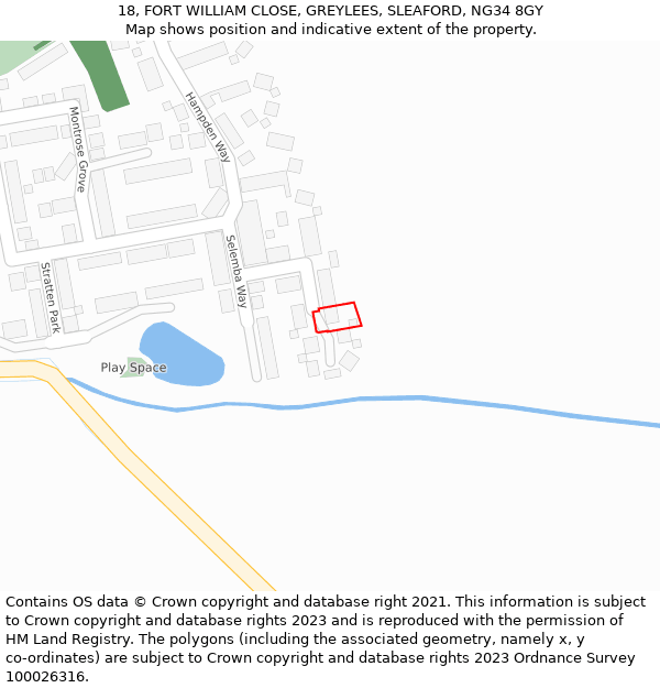 18, FORT WILLIAM CLOSE, GREYLEES, SLEAFORD, NG34 8GY: Location map and indicative extent of plot