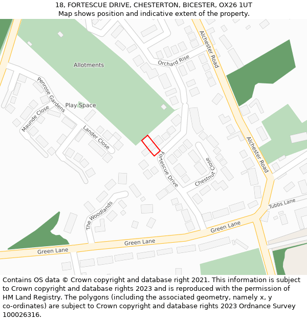18, FORTESCUE DRIVE, CHESTERTON, BICESTER, OX26 1UT: Location map and indicative extent of plot