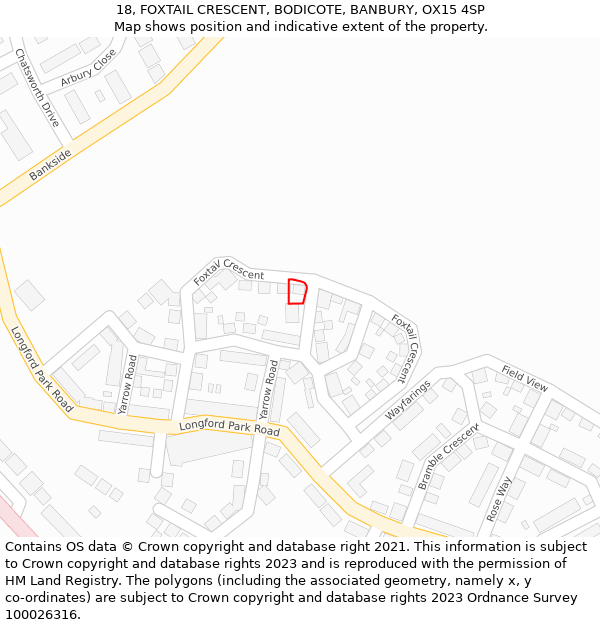 18, FOXTAIL CRESCENT, BODICOTE, BANBURY, OX15 4SP: Location map and indicative extent of plot