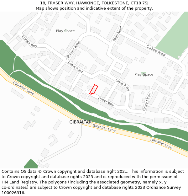 18, FRASER WAY, HAWKINGE, FOLKESTONE, CT18 7SJ: Location map and indicative extent of plot