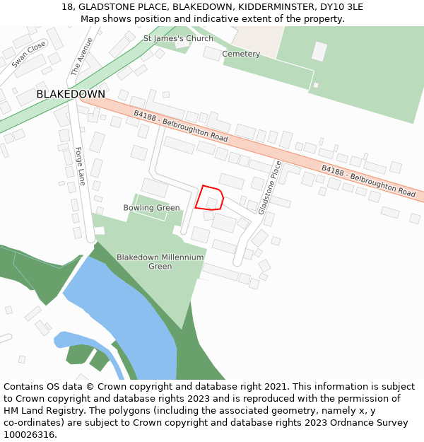 18, GLADSTONE PLACE, BLAKEDOWN, KIDDERMINSTER, DY10 3LE: Location map and indicative extent of plot