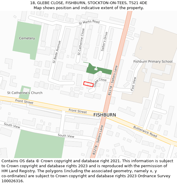 18, GLEBE CLOSE, FISHBURN, STOCKTON-ON-TEES, TS21 4DE: Location map and indicative extent of plot