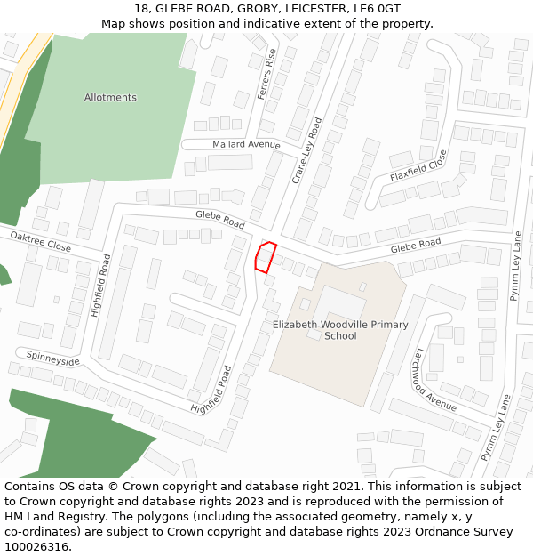 18, GLEBE ROAD, GROBY, LEICESTER, LE6 0GT: Location map and indicative extent of plot