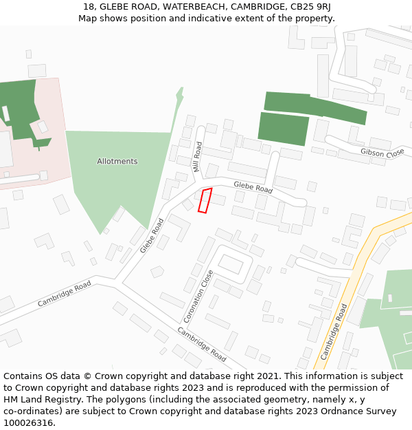 18, GLEBE ROAD, WATERBEACH, CAMBRIDGE, CB25 9RJ: Location map and indicative extent of plot