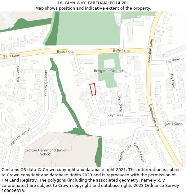 18, GLYN WAY, FAREHAM, PO14 2PH: Location map and indicative extent of plot