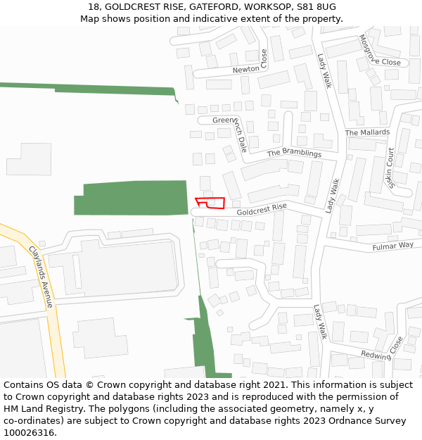 18, GOLDCREST RISE, GATEFORD, WORKSOP, S81 8UG: Location map and indicative extent of plot