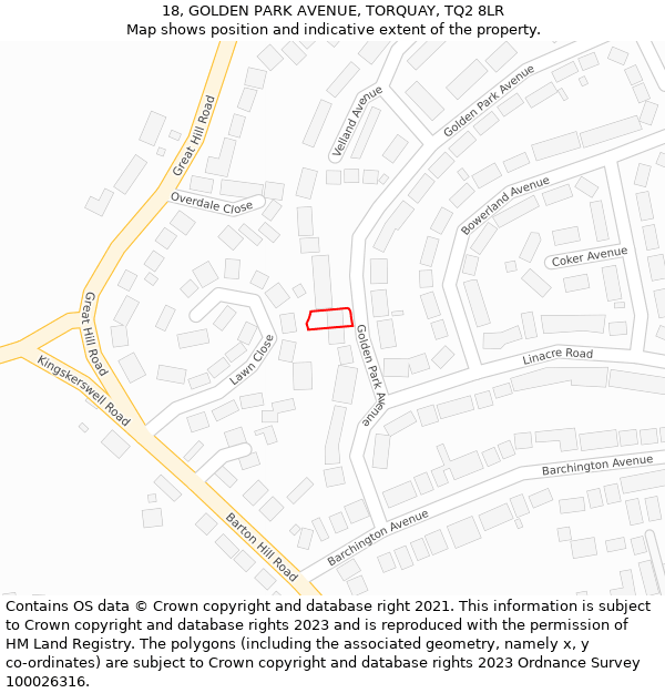 18, GOLDEN PARK AVENUE, TORQUAY, TQ2 8LR: Location map and indicative extent of plot