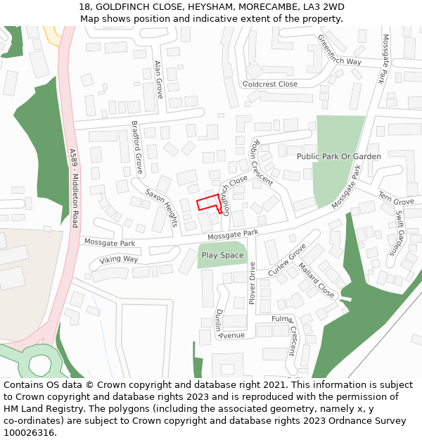 18, GOLDFINCH CLOSE, HEYSHAM, MORECAMBE, LA3 2WD: Location map and indicative extent of plot