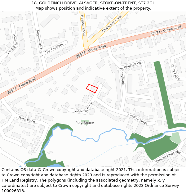 18, GOLDFINCH DRIVE, ALSAGER, STOKE-ON-TRENT, ST7 2GL: Location map and indicative extent of plot