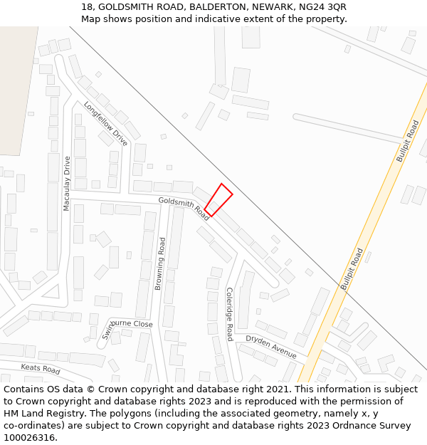 18, GOLDSMITH ROAD, BALDERTON, NEWARK, NG24 3QR: Location map and indicative extent of plot